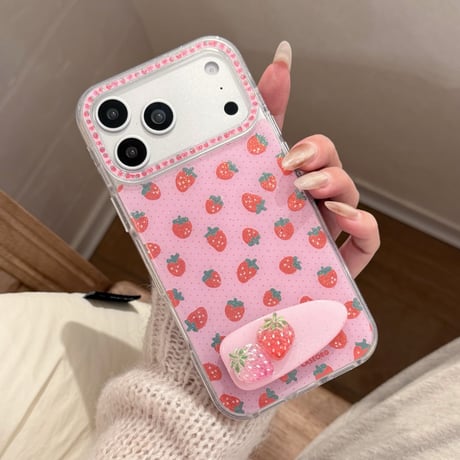 ストロベリー iPhone17pro/17ケース スタンド iPhone16promax/15proケース オシャレ 甘いコーデ 女子力高い[M6142]