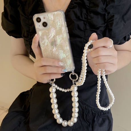 本物の貝殻 iphone16/15Pro/14/13proケース オシャレ iphone12/11proカバー  短い/長い真珠ストラップ付 可愛い キラキラ[M2020]