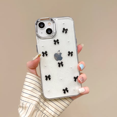 金属リボン iPhone16/15proケース パール iPhone14/13pro/12クリアケース かわいい 女子力高い[M4440]