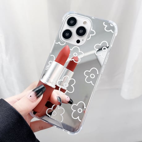 花柄 アイフォン15/14proケース  ミラー iphone13/12/11カバー キラキラ 四角耐衝撃加工[M1989]