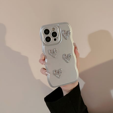 シルバー iphone14/13proケース ハートデコ 持ち手リング付 かわいい 女子力アップ[M3454]