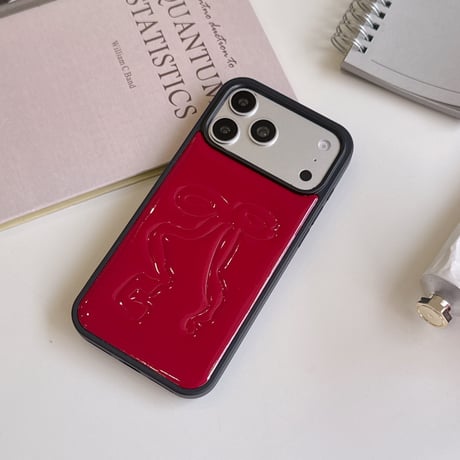 リボン iPhone18Pro/17Proケース レザー レッド/ブラック iPhone17/16Pro/15/14ケース 光沢感 可愛い エレガント[M6650]