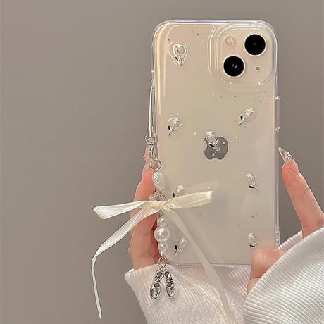 立体花 アイフォン15/15proケース 韓国風  バレエシューズストラップ付iphone14pro/13/12カバー キラキララメ 黄ばまない[M4109]