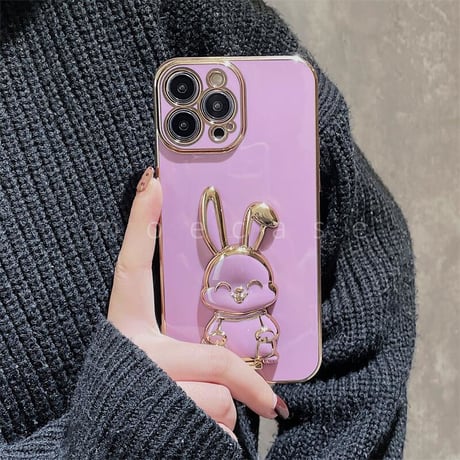 ウサギリングスタンド iphone14/15proケース  メッキ アイフォン13mini/12proカバー お洒落 多機能 便利ファッション[M2682]