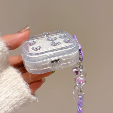 キラキラ蝶々 Airpods 4ケース キーホルダー付 かわいい Airpods3/Pro2ケース airpodsproカバー 頑丈 プレゼントにおすすめ[M5074]