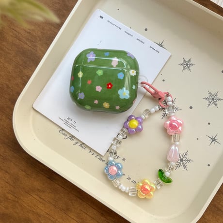 グリーン Airpods Pro3ケース カラー花柄  Airpods4/3カバー pro2/pro1 可愛いストラップ/キーホルダー  春夏向け[M6233]