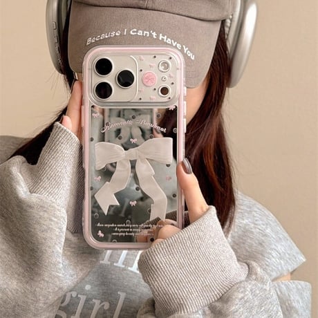 リボン柄ミラー iPhone17Pro/17ケース 2層構造 頑丈 iPhone17ProMax/16Pro/15カバー かわいい 女子力アップ [M6218]
