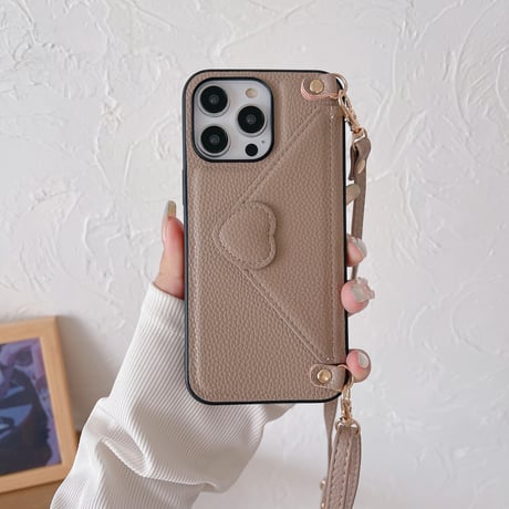 交通カード入れ iPhone15/14ケース ハート型留め レザー製 iPhone13pro/12/11proケース 肩掛けストラップ付 シック エレガント[M3346]