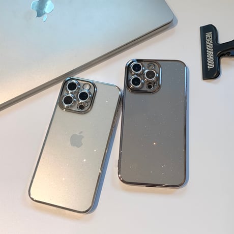 黄ばまないキラキラ iPhone15/15proケース  ナチュラル/ブルーチタニウム iPhone14/13/12 ラメレンズフイルム 軽量丈夫[M3942]