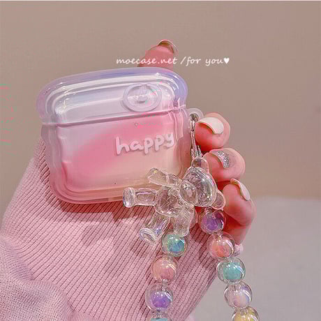 レインボー笑顔 Airpodspro2ケース クマちゃんストラップ airpods3/2/1ケース  かわいい 綺麗 人気 [M2993]