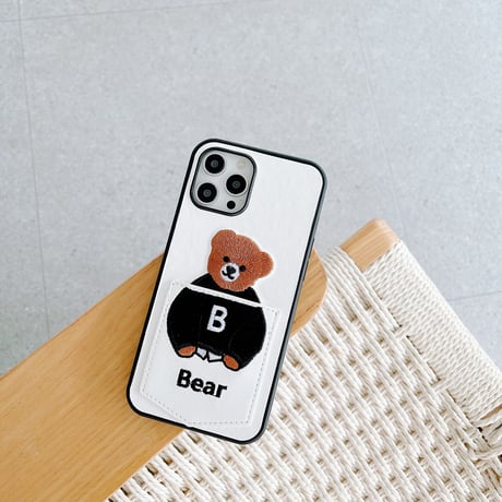 カード収納 iphone14Plus/13promaxケース 刺繡入りクマちゃんiphone12mini/11保護カバー  カップルお揃い 皮製 高品質[M2154]
