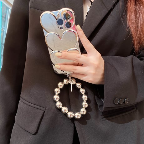 ハート型ミラー アイフォン14/13proケース 高級感シルバー ストラップ付  iphone12/11カバー  艶あり 個性 お洒落[M2110]