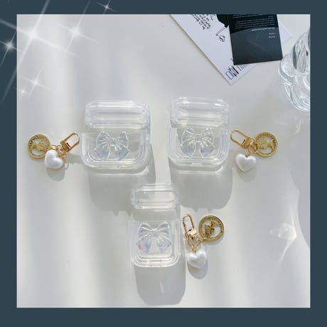 【Airpods4】キラキラリボン AirpodsPro2ケース ハートアクセサリー付 airpods3/2/1ケース  かわいい 耐衝撃クリアケース ギフトにおすすめ[M3073]