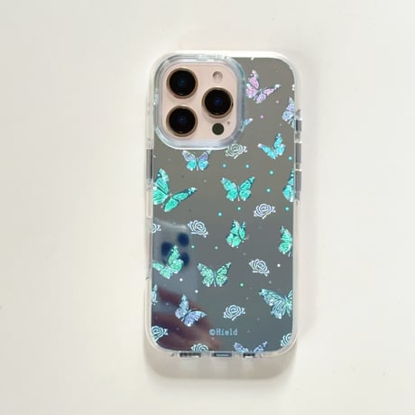 鏡付き蝶々 iPhone16pro/16ケース キラキラ 艶感 iPhone15promax/14/13proカバー 夏コーデにおすすめ [M5307]