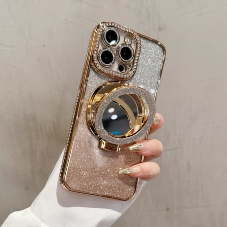 iPhone17/17Proケース 鏡付Magsafeリングスタンド iPhone16/15Proケース  ストーン  綺麗 多機能 コスパ最強[M3769]