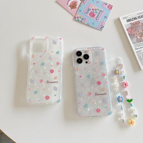春におすすめ iPhone16pro/16ケース 花柄 シェル風 iphone15pro/14/13proカバー  花ストラップ 可愛い 淡色系[M5130]