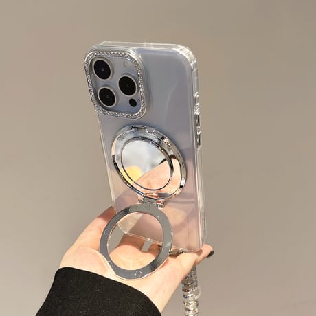 ミラーリングスタンド アイフォン16/16proケース ジュエリー iPhone15pro/14/13proカバー オシャレストラップ 高透明 [M5506]