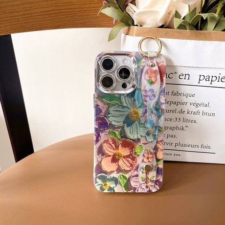 ベルト付 花柄 iPhone15Pro/15promaxカバー キラキラおしゃれ アイフォン14プロ/13/12ケース 光る [M4382]