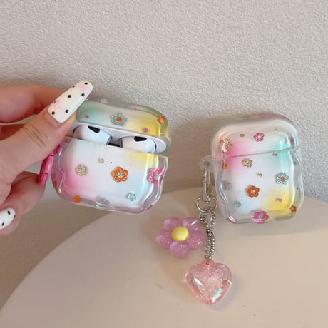 ラメ花 Airpods Pro3ケース 花/ハートキーホルダー Airpods4/3カバー pro2/pro1 うねうね ギフトにおすすめ[M6414]