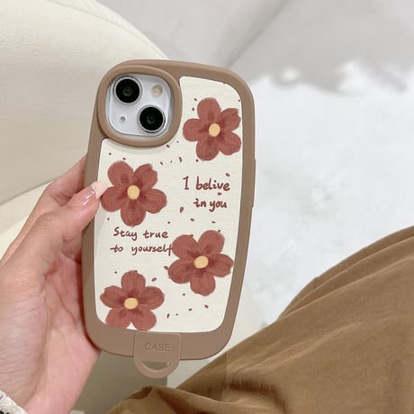 ストラップ付 花柄 iphone15/15proケース  かわいい  iphone14/13/12proカバー 茶色 シック ファッション[M3606]