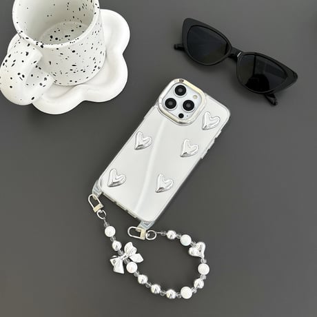 ストラップ付 ミラーiPhone15pro/15promaxケース ハートデコ iphone14/13/12proカバー パール 女子力アップ[M4167]