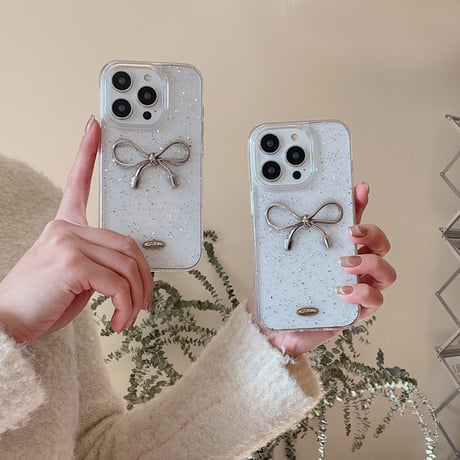 リボン iPhone15/15pro/16plusケース キラキララメ入り iPhone14/13pro/12ケース 女子力アップ シック[M3859]