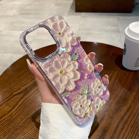 花柄 iPhone15/15Plusケース 光る油絵 綺麗 iPhone14/13proカバー ガールファッション 頑丈 かわいい 耐久性 [M3543]