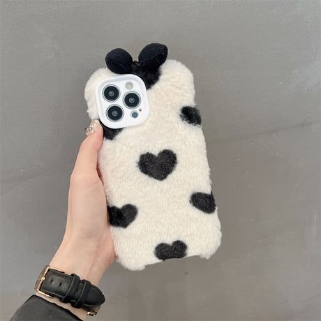 秋冬 リボン付 iphone14/14proケース ハート柄  アイフォン13/12/11カバー 柔らかい温かい  かわいい  ガールズに人気[M2266]