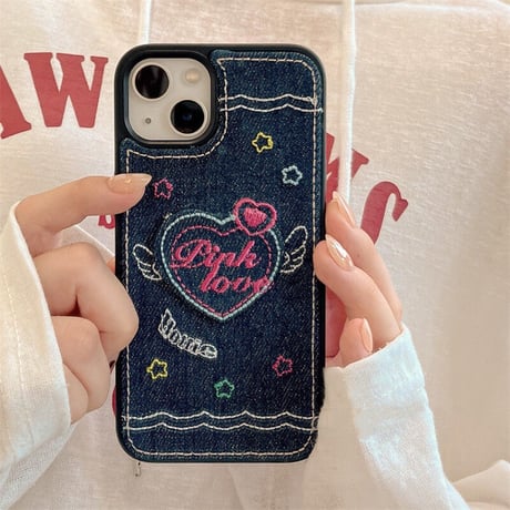 デニム生地 刺繡入り iphone14/14proケース  ハート柄  iphone13/12/11/XRカバー  高品質  高級感 ギフトにおすすめ [M2246]