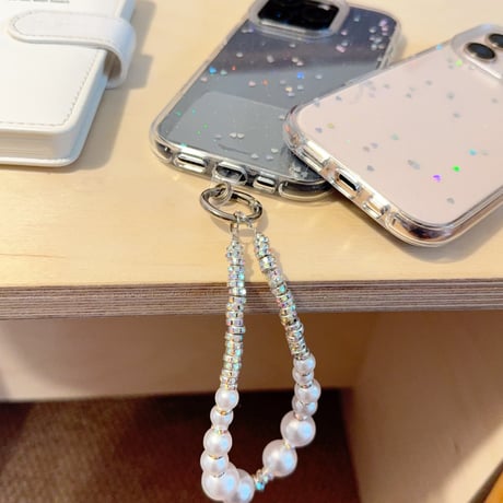 ハートグリッター iPhone16pro/16ケース  高透明 パールストラップ iPhone15pro/14/13カバー  可愛い 高級感たっぷり[M5219]