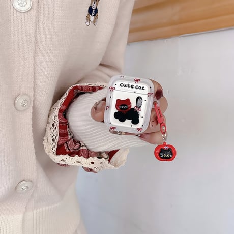 cute cat AirpodsPro3ケース リボン柄 エアポッズ4/3  AirpodsPro2/Proカバー  リング/猫キーホルダー ギフトにおすすめ [M6015]
