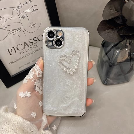 パールハート iPhone15/15Proケース  シェル風/グリッター入り iPhone14Pro/13promaxカバー 丈夫 高級感 お洒落[M4009]