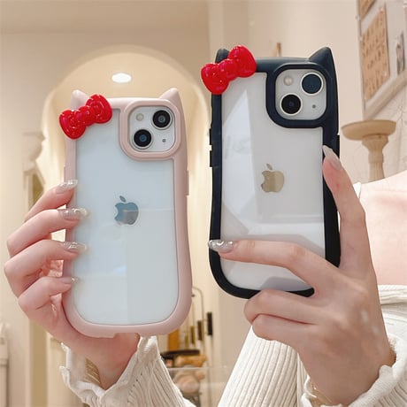 猫の耳 iPhone15/15proケース リボンデコ iphone14promax/13pro/12カバー 可愛い 黄ばまない[M4301]