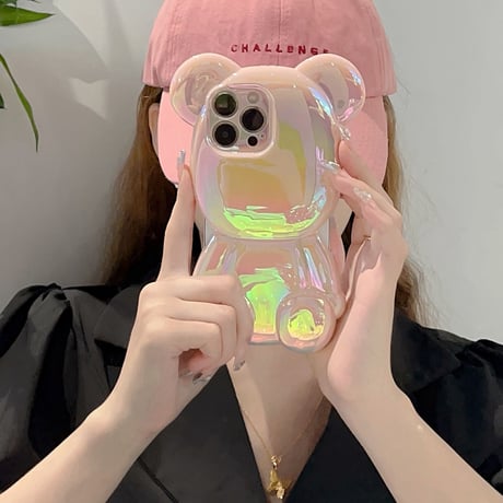 光る熊ちゃん iPhone14pro/14ケース レーザー色 アイフォン13/12proカバー 艶感 かわいい お洒落[M3355]