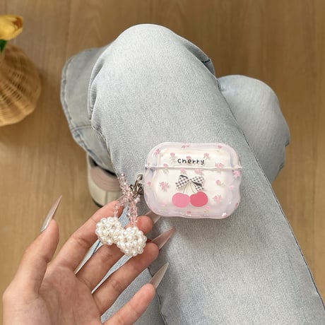 女子力アップ Airpods4ケース チェリー パールキーホルダー AirpodsPro2ケース airpods3/2カバー 可愛いすぎ うねうね 頑丈[M5404]