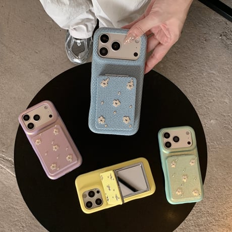 ダブルミラースタンド付 iPhone17Pro/17ケース 花とダイヤデコ iPhone16Promax/15pro/14ケース 上品 高品質[M6376]
