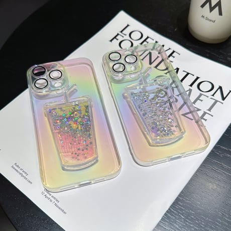 【iPhone16】動く氷/レモン iphone15/14proケース グリッター入り液体 iphone13/12カバー キラキラグラデーションカラー レンズフィルム付 人気品[M3122]