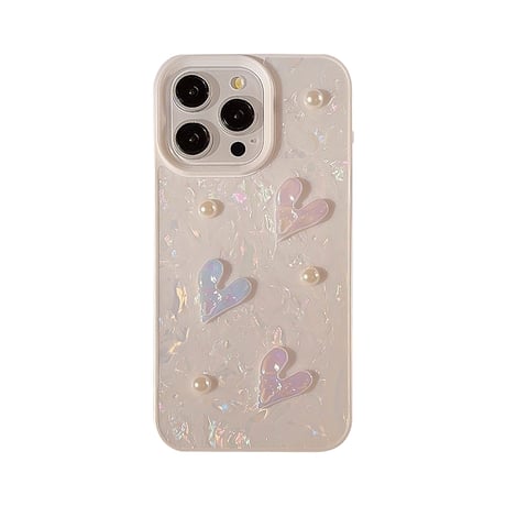 シェル風 iphone15/15proケース  ハート/パールデコ  iphone14pro/13/12promax/11カバー 可愛い 女子力アップ[M4129]
