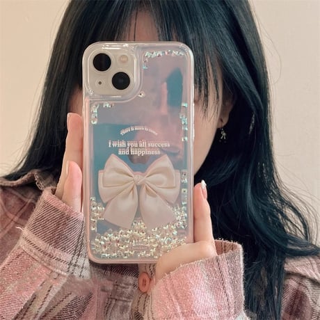 動くダイヤ iPhone15/15proケース リボン柄 iPhone14/13pro/12ケース 女子力アップ 可愛い 人気[M4126]