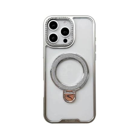 キラキラリングスタンド iPhone17Pro/16カバー ジュエリーデコ iPhone15promax/14proカバー メタルカラー 黄ばまない[M5571]