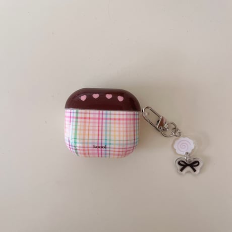 ハート柄/チェック柄 Airpods 4ケース ガーリーファッション Airpods3/2カバー Airpodspro2/pro リング/リボンキーチェーン かわいい[M4838]