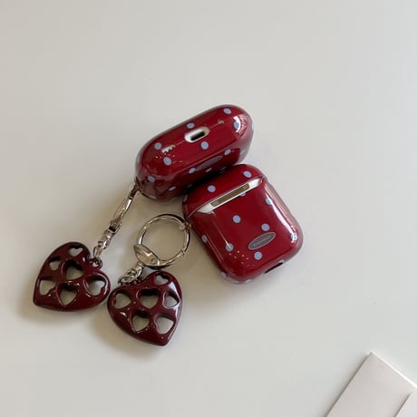ワインレッド Airpods 4ケース 水玉模様 ハートキーホルダー Airpodspro2/proカバー Airpods第3/2世代 かわいい 女子力高い[M5069]