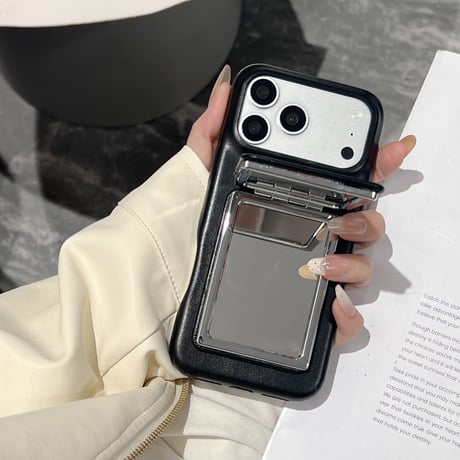 スタンド付ミラー iPhone17pro/17ケース 革製 メイク直し鏡付 iPhone16ProMax/15/14カバー 耐衝撃 多機能[M6032]