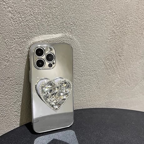 ハートダイヤグリップ iPhone15/15proケース  ミラー iPhone14/13pro/12ケース 女子力アップ オシャレ 便利[M3906]