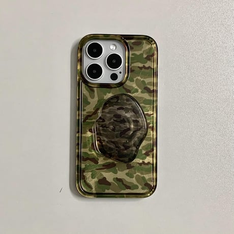迷彩柄 iPhone16promax/16Proケース スマホグリップ付 iPhone15pro/14pro/13カバー シンプル風 艶感 カッコイイ[M5324]