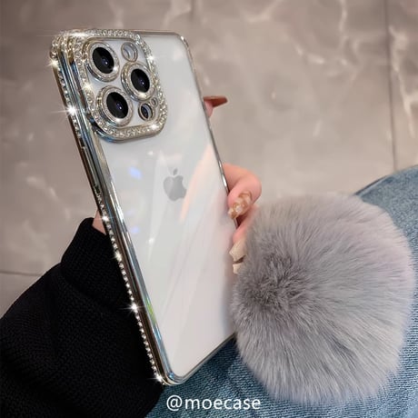 毛玉付 ジュエリーiPhone15/15proケース 女子に大人気 キラキラ アイフォン14/13/12カバー 高級感 カメラ保護[M3798]