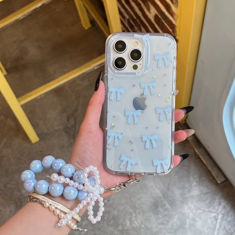 リボン柄 アイフォン16/16proケース キラキラバックチャーム付 iPhone15pro/14/13proカバー オシャレ お買い得 [M5469]