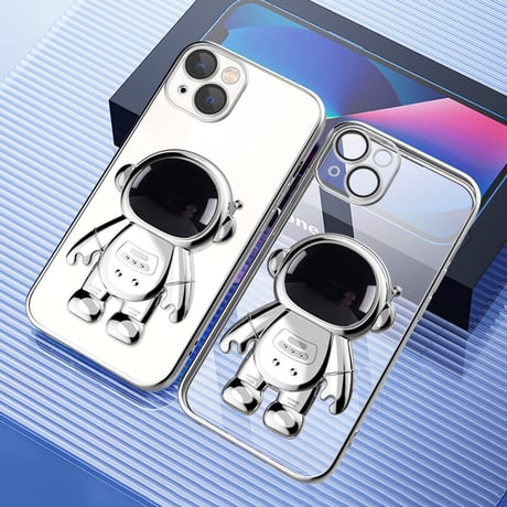 宇宙飛行士スタンド iphone14plus/14promaxケース  メッキ クリアアイフォン13/12/11proカバー カッコイイ 可愛い 実用[M2235]