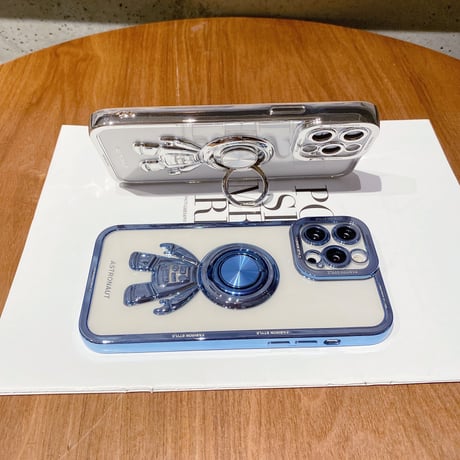 宇宙飛行士リング付 iPhone15/14proケース メッキクリアアイフォン13/12/11proカバー スタンド 便利 艶あり セレブ愛用 [M2637]