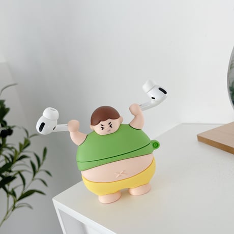 でぶちゃん airpodsケース ウエイトリフティング airpodsproカバー  面白い キーリング付  頑丈ソフトケースM503